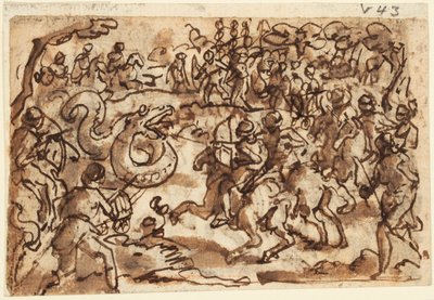 Recto: El cónsul romano Atílio Régulo luchando contra una serpiente africana gigante, de la Historia Natural de Plinio, Libro 8, cap. 14; Verso: Ptolomeo atrapando una serpiente gigante con una red, de Diodoro Sículo, Bibliotheca Historica III, 37 de Jan van der Straet, called Stradanus
