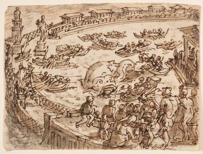 Recto: Caza de ballenas por el emperador Claudio en el puerto de Ostia; Verso: inscripción relacionada con la Historia Natural de Plinio el Viejo, Libro 9, cap. 5 de Jan van der Straet, called Stradanus