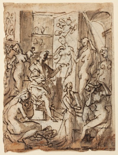 Recto: Zeuxis pintando a Helena; Verso: Estudios de figuras para una ilustración del octavo círculo, décima bolgia del Infierno de Dante (Falsificadores: Maestro Adamo, Sinón de Troya, la esposa de Potifar) de Jan van der Straet, called Stradanus