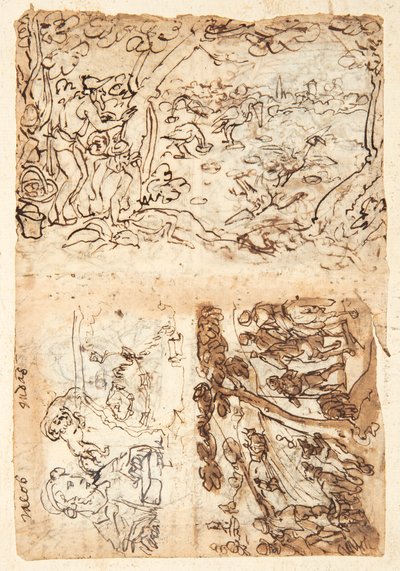 Recto, arriba: Caza de grullas usando conos; Abajo, izquierda: Jacob, medio cuerpo; león con una venda sobre su cabeza; mapa de fortificaciones; Abajo derecha: Caza de zorros. Verso, arriba izquierda: Caza de estorninos; abajo izquierda: Caza de leones con de Jan van der Straet, called Stradanus