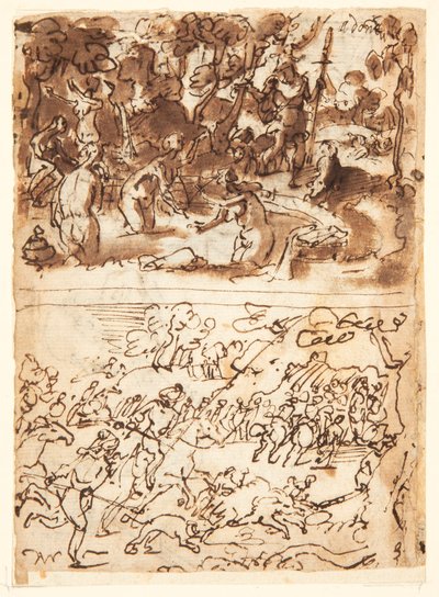 Recto, arriba: Diana y Acteón; Recto, abajo: Caza del jabalí; Verso, arriba: estudios de dos cabezas masculinas; Verso, abajo: Encuentro de Ana y Joaquín en la Puerta Dorada, La circuncisión del niño Jesús de Jan van der Straet, called Stradanus
