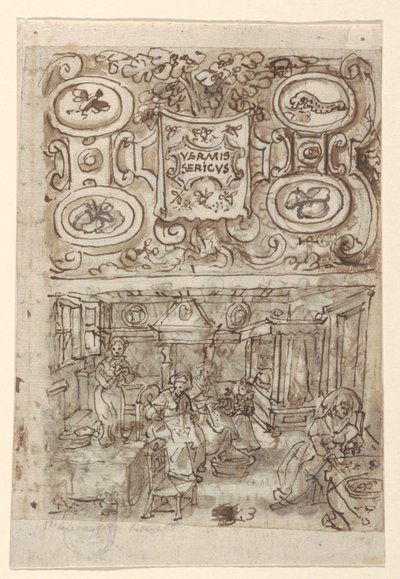 Diseño preliminar para la portada de la serie de grabados "La introducción del gusano de seda" de Jan van der Straet, called Stradanus