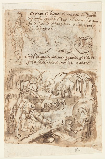 Figura india de pie, conchas de ostras; Elefantes ayudándose a salir de una trampa, de la Historia Natural de Plinio, Libro 8, cap. 8; Usando fuego para matar serpientes de agua en India; Serpiente y anotaciones de Jan van der Straet, called Stradanus