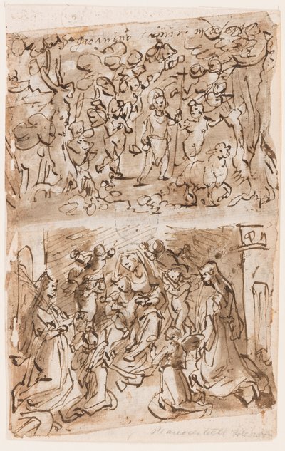 Recto, arriba: Joven San Juan Bautista guiado por ángeles en el desierto; Recto, abajo: Sacra Conversazione con Santa Bárbara y Santa Catalina; Verso, arriba: Crucifixión; Verso, abajo: Cristo sanando paralíticos cerca de la piscina de Betesda de Jan van der Straet, called Stradanus