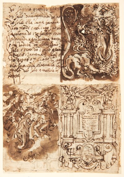 Pasaje sobre la Mujer del Apocalipsis, del Libro de la Revelación; Mujer del Apocalipsis; Portada de la serie de grabados de la Vida de la Virgen; Coronación de la Virgen de Jan van der Straet, called Stradanus