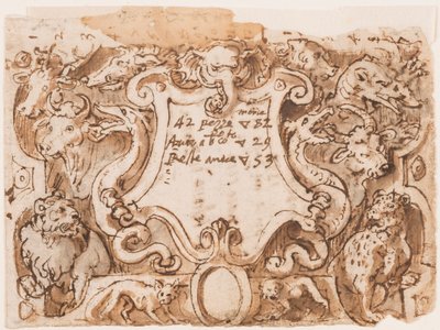 Recto: diseño preliminar para la página de título de la serie de grabados Venationes Ferarum Arium Piscium; Verso: notas de Stradanus sobre pagos a un sastre de Jan van der Straet, called Stradanus