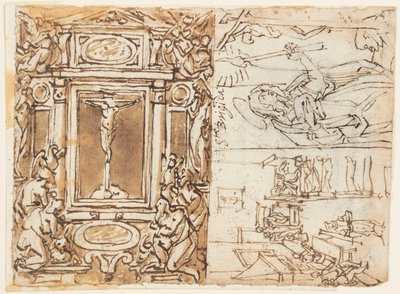 Página de cuaderno de bocetos; Monumento de Marco Aurelio Antonino con hijo; Estudio para un grabado de Jan van der Straet, called Stradanus