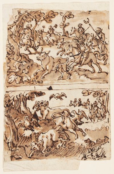 Página de Boceto con Cacerías de Toros de Jan van der Straet, called Stradanus