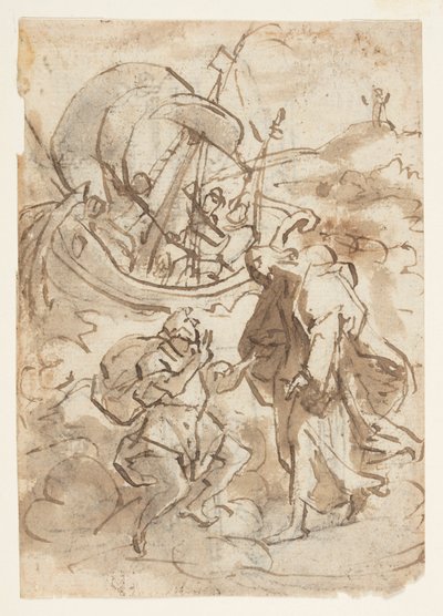 Página de cuaderno de bocetos con Cristo caminando sobre el agua de Jan van der Straet, called Stradanus