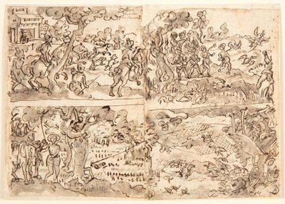 Página de cuaderno de bocetos con cuatro escenas de caza de Jan van der Straet, called Stradanus