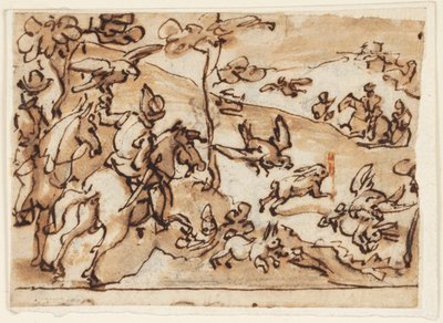 Página de cuaderno de bocetos con caza de liebres y halcones de Jan van der Straet, called Stradanus