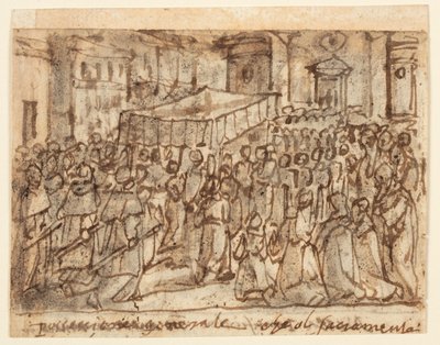 Página de cuaderno de bocetos con procesión con el anfitrión y misa pontifical de Jan van der Straet, called Stradanus