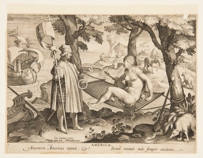 El descubrimiento de América, lámina 1 de la "Nova Reperta" (Nuevos inventos de los tiempos modernos) de Jan van der Straet, called Stradanus