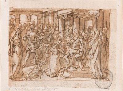 El juicio de Salomón, diseño preliminar para "Spiritus Sapientiae" (El Espíritu de Sabiduría), placa 1 en la serie de grabados "Los siete dones del Espíritu Santo" de Jan van der Straet, called Stradanus