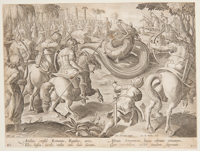 El Cónsul Romano Atílio Régulo Luchando contra una Serpiente Africana Gigante, lámina 25 de la serie Venationes Ferarum de Jan van der Straet, called Stradanus