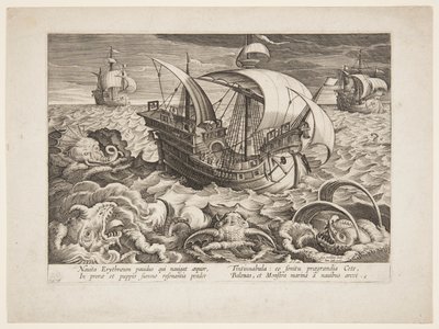 Tres barcos rodeados de monstruos de Jan van der Straet, called Stradanus
