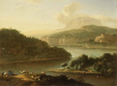 Un paisaje fluvial con pastor y campesina en primer plano de Jan van der the Younger Meer