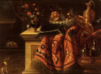 Una naturaleza muerta con un jarrón de flores, frutas en un cuenco, una jarra y un plato de plata dorada y un cojín de Jan van the Elder (follower of) Kessel