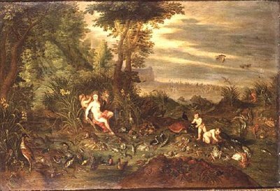 Una alegoría del agua: una ninfa marina junto a una orilla con juncos con peces, conchas y aves cerca, el triunfo de Anfitrite más allá de Jan van the Elder Kessel