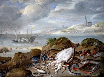 Un paisaje estuarino con peces en una duna de Jan van the Elder Kessel