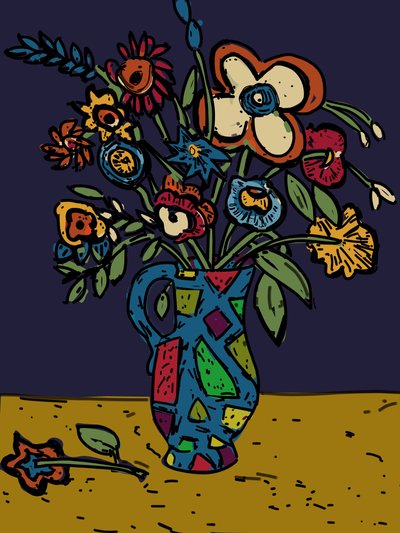Flowers in a loudware Jug, 2012 (recoloreado en photoshop a partir del corte original en linóleo) de Jane Willingale
