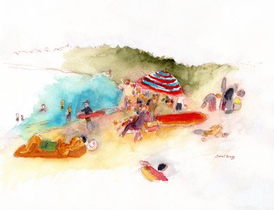 Playa Tomadores de sol y surfistas en la bahía de Hanalei, c.2019 (acuarela y lápiz sobre papel) de Janel Bragg