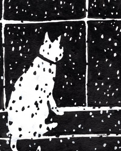 Gato en la ventana durning tormenta de nieve, c.2019 (tinta sobre papel) de Janel Bragg