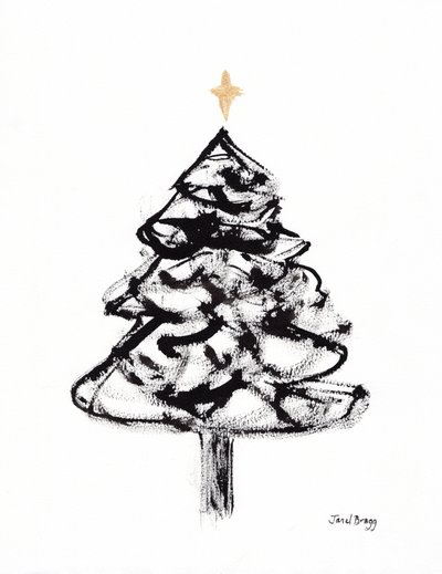 Árbol de Navidad con tinta sumi y cruz dorada, c.2021 (tinta sumi y acuarela sobre papel) de Janel Bragg