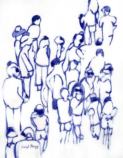 Crowd in Blue, c. 2024 (técnica mixta sobre papel) de Janel Bragg
