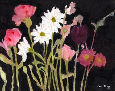 Floral con margaritas, c. 2024 (carboncillo, acuarela, caseína y lápiz sobre papel) de Janel Bragg