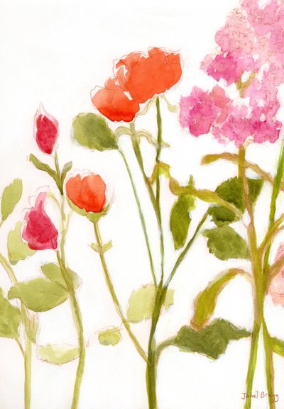 Floral con rosas naranjas y rosas, c. 2024 (acuarela y caseína sobre papel) de Janel Bragg
