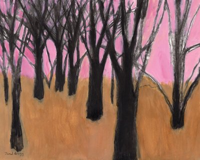 Paisaje con árboles negros y cielo rosa, 2023 (acuarela sobre papel) de Janel Bragg