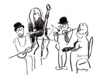Músicos en el Festival Victoriano, c.2021 (carboncillo sobre papel) de Janel Bragg