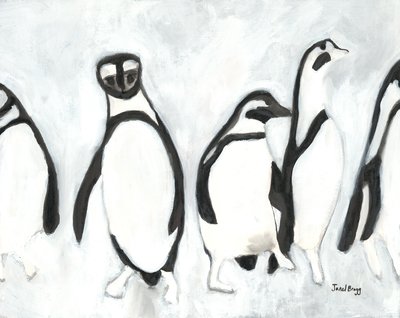 Penguins at Woodland Park Zoo, c.2021 (tinta sumi y gesso sobre papel) de Janel Bragg