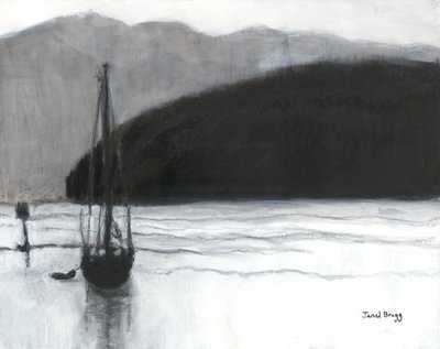 Sailboat in Anacortes Harbor, c.2021 (carboncillo, tinta y gesso sobre papel) de Janel Bragg