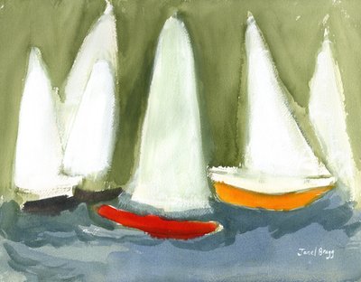 Sailboats in the Puget Sound, c.2020 (caseína y acuarela sobre papel) de Janel Bragg