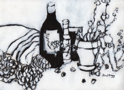 Naturaleza muerta con aceite de oliva y piñas de pino, c.2017 (carboncillo y gesso sobre papel) de Janel Bragg
