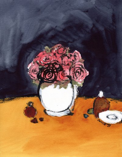 Naturaleza muerta con rosas y frascos de perfume, c.2020 (tinta y acuarela sobre papel) de Janel Bragg