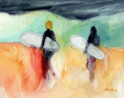 Surfistas en la bahía de Hanalei, c.2019 (acuarela y caseína sobre papel) de Janel Bragg