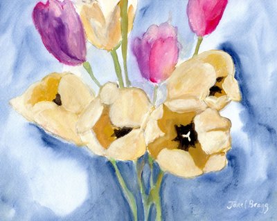 Tulipanes en la mesa de comedor de mamá, c.2016 (caseína y acuarela sobre papel) de Janel Bragg