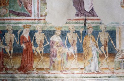Iglesia fortificada de Hrastovlje, Iglesia de la Trinidad, La Muerte acompañando al Papa y la Reina, Danza de la Muerte (1490), detalle de los frescos de Janez Iz Kastva, Eslovenia de Janez Kastav