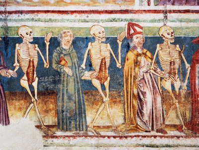 Iglesia fortificada de Hrastovlje, Iglesia de la Trinidad, La Muerte acompañando a un obispo y un monje, Danza de la Muerte (1490), detalle de frescos de Janez Iz Kastva, Eslovenia de Janez Kastav
