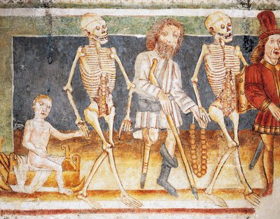 Iglesia fortificada de Hrastovlje, Iglesia de la Trinidad, La Muerte acompañando al niño y al pobre, Danza de la Muerte (1490), detalle de frescos de Janez Iz Kastva (1490), Eslovenia de Janez Kastav