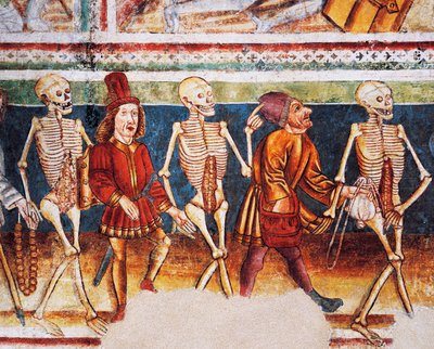 Iglesia fortificada de Hrastovlje, Iglesia de la Trinidad, La Muerte acompañando a un comerciante y un banquero rico, Danza de la Muerte (1490), detalle de frescos de Janez Iz Kastva, Eslovenia de Janez Kastav