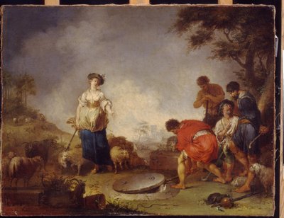 Jacob se encuentra con Raquel en el pozo. Pintura de Johann Rosso Jauarius Zick (1730-1797), óleo sobre lienzo de Januarius Zick