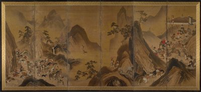 Tártaros cazando en un paisaje montañoso de Japan, Edo period