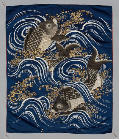 Cubierta de regalo (Fukusa) con carpa en las olas de Japan, Meiji period