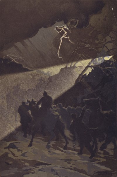 Marcha de las tropas japonesas en una noche tormentosa antes del ataque general a Nan-shan (cromolito) de Japanese School
