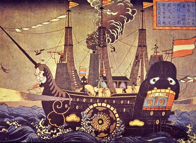 Barco de vapor estadounidense de 1853 pintado por un artista japonés asombrado de Japanese School