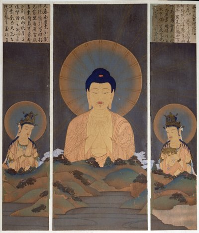 Aparición de la Trinidad Budista, Buda Amitabha y sus dos Bodhisattvas, Kannon (Compasión) y Seishi (Sabiduría) en la montaña, ilustración de la revista "Kokka", enero de 1909 (litografía en color). de Japanese School